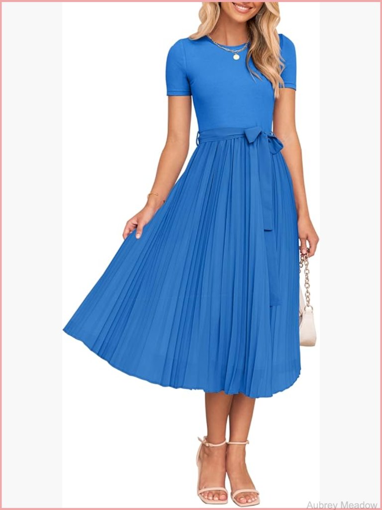 Crewneck Short Sleeve Midi Dress Pleated A-Line Flowy Wedding Guest Dress